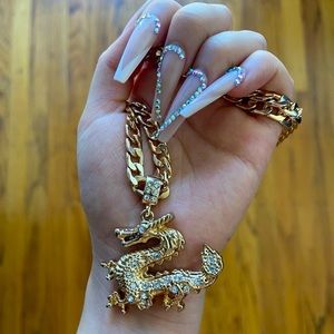 🆕🐉 Rhinestone Dragon Faux Gold Chain Necklace